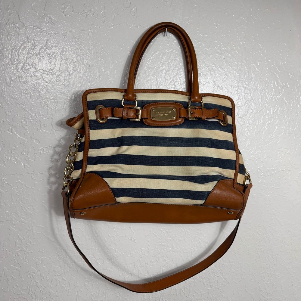 Michael Kors Hamilton Satchel Navy Cream Striped Canvas Leather Trim Handbag